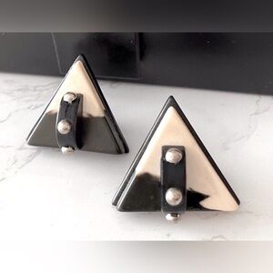 Triangular Black & White Resin on Wood with Silver Stud Earrings 🦓